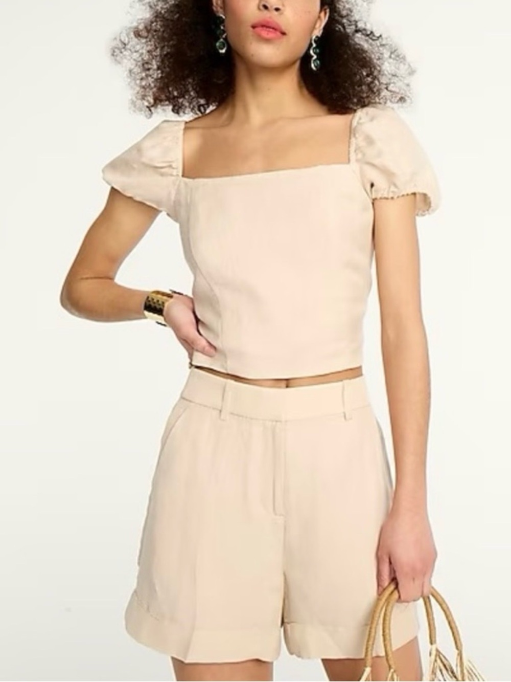 J.Crew Linen Blend Crop Top Cream Puff Sleeve Square Neck Romantic